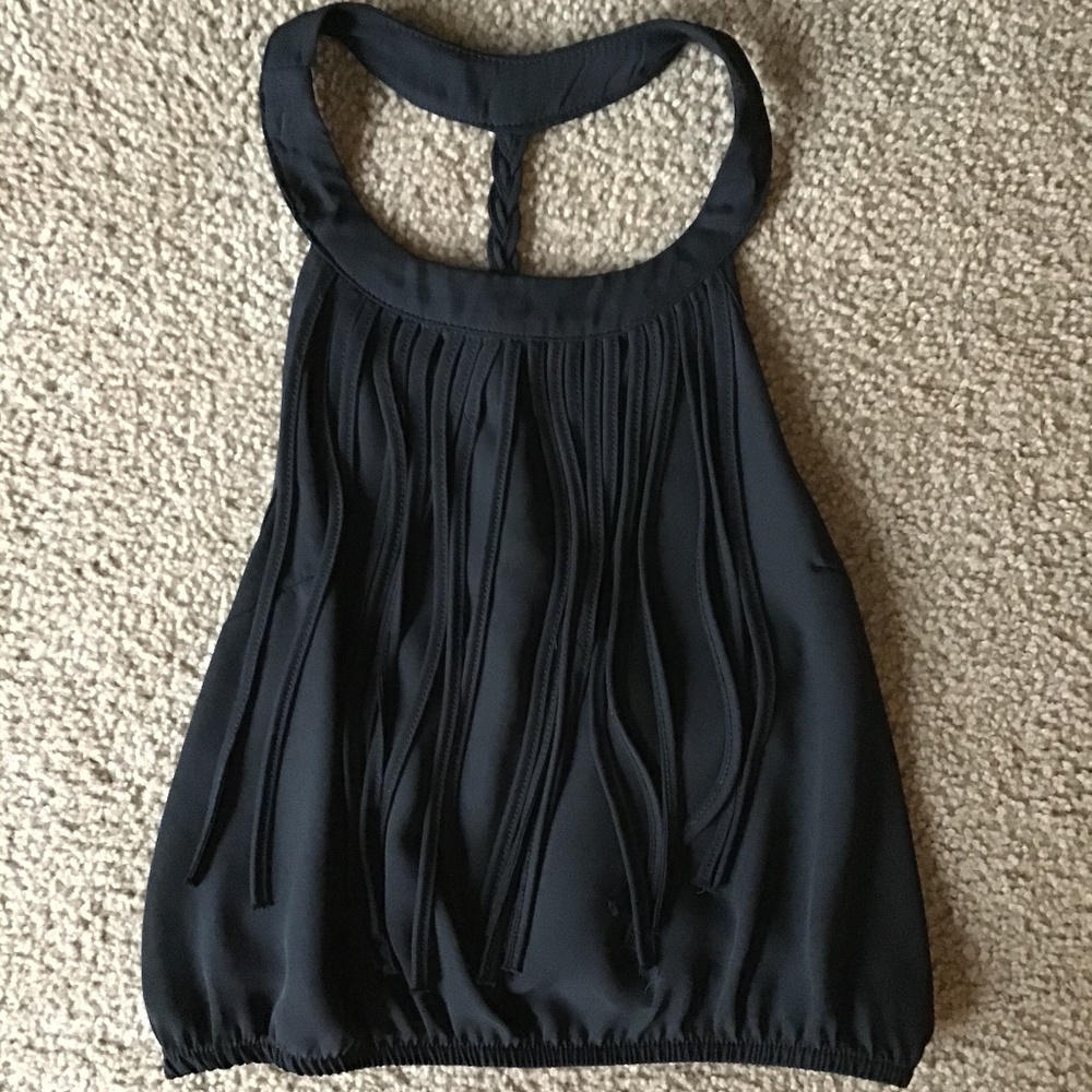 Black Fringe Loose Halter Crop Top